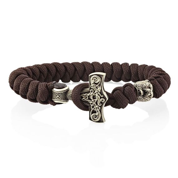 Браслет из темно-коричневого паракорда с молотом Тора Мьёльнир и медведем из мельхиора, фото 1