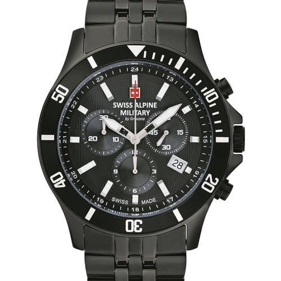 С браслетом Мужские наручные часы с черным браслетом Swiss Alpine Military 7022.9177 chronograph 42mm 10ATM