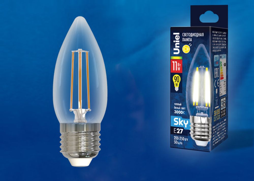 LED-C35-11W/3000K/E27/CL PLS02WH Лампа светодиодная. Форма свеча, прозрачная. Серия Sky. Теплый белый свет (3000К). Картон. ТМ Uniel.