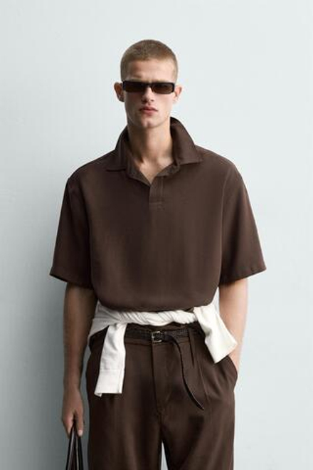 ZARA ПОЛО RELAXED FIT ИЗ СТРУЯЩЕЙСЯ ТКАНИ, КОРИЧНЕВЫЙ