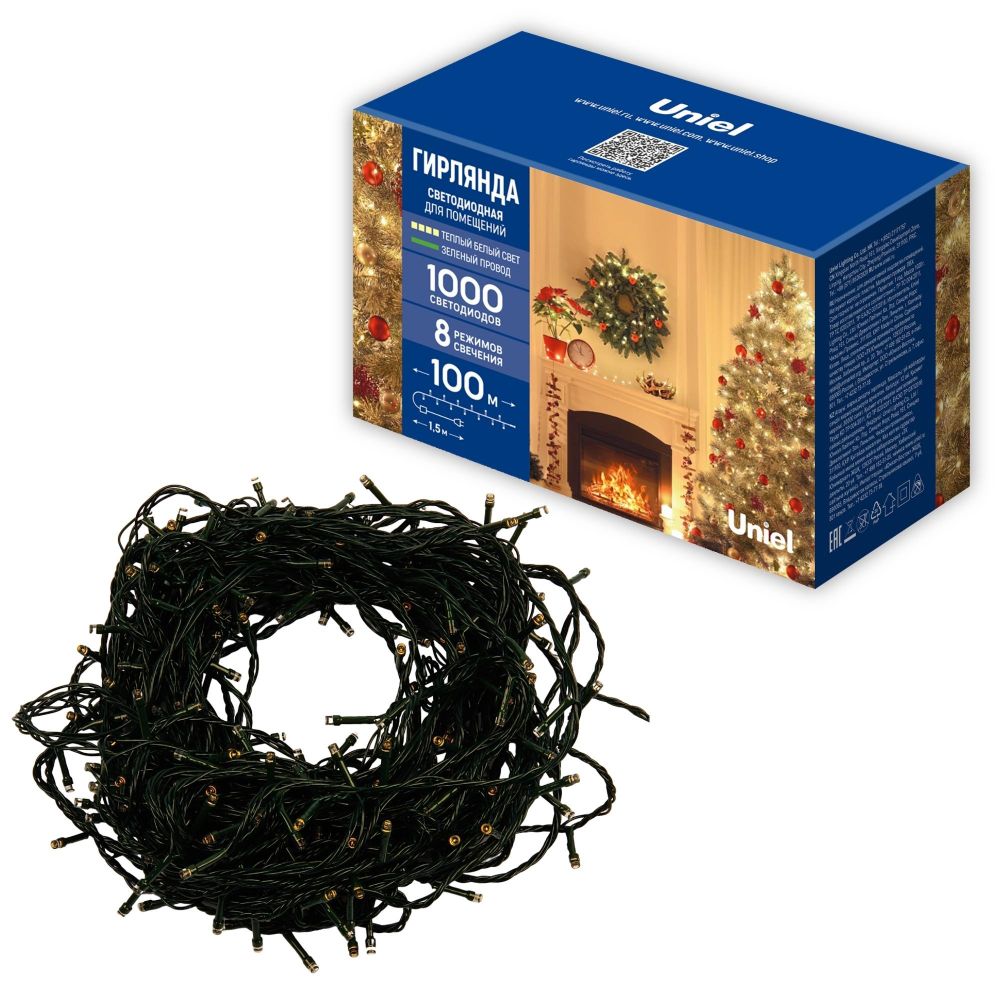 ULD-S10000-1000-DGA WARM WHITE IP20 Гирлянда светодиодная. 100м. 1000 светодиодов. Теплый белый свет. Провод зеленый. ТМ Uniel