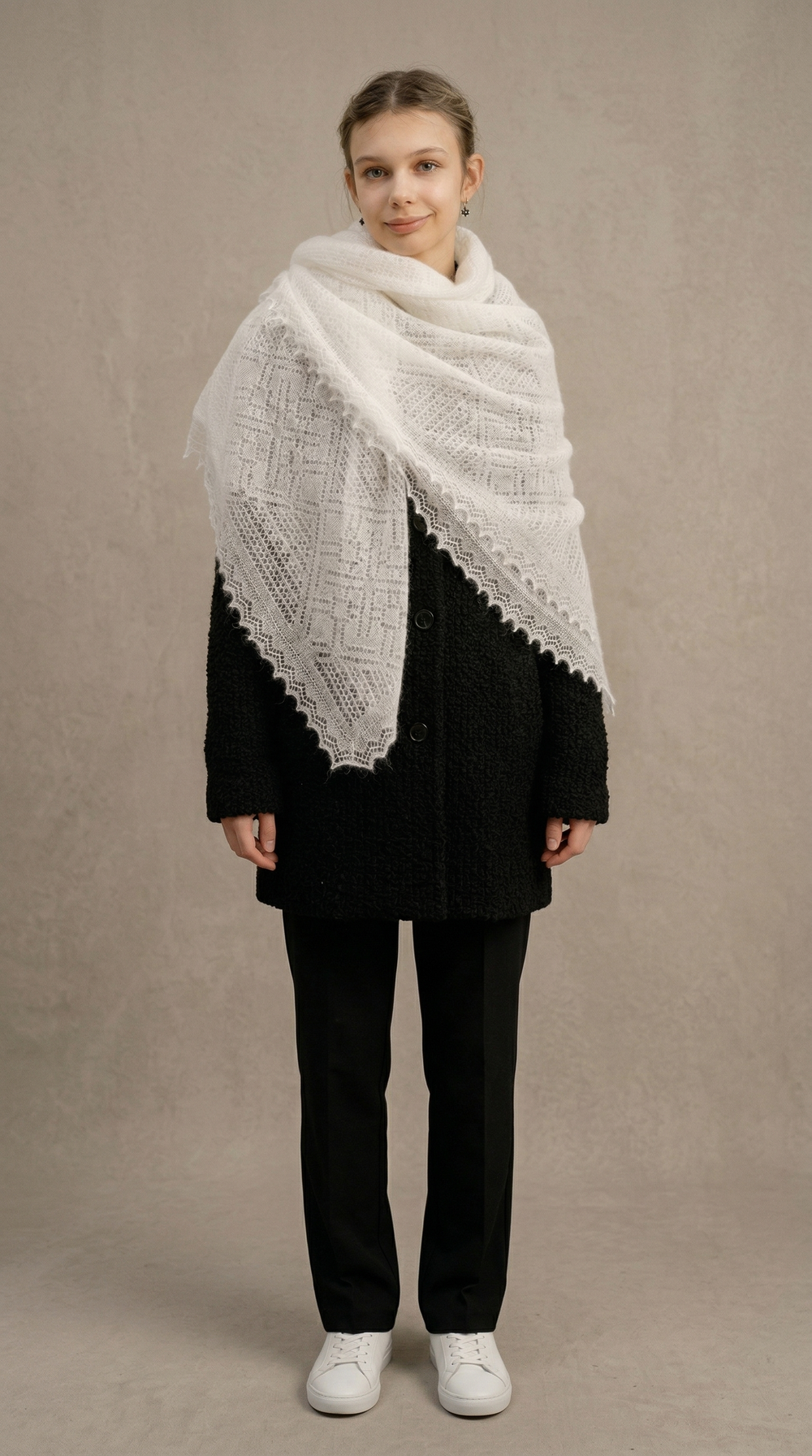 Оренбургский пуховый платок-паутинка А150-02 экрю