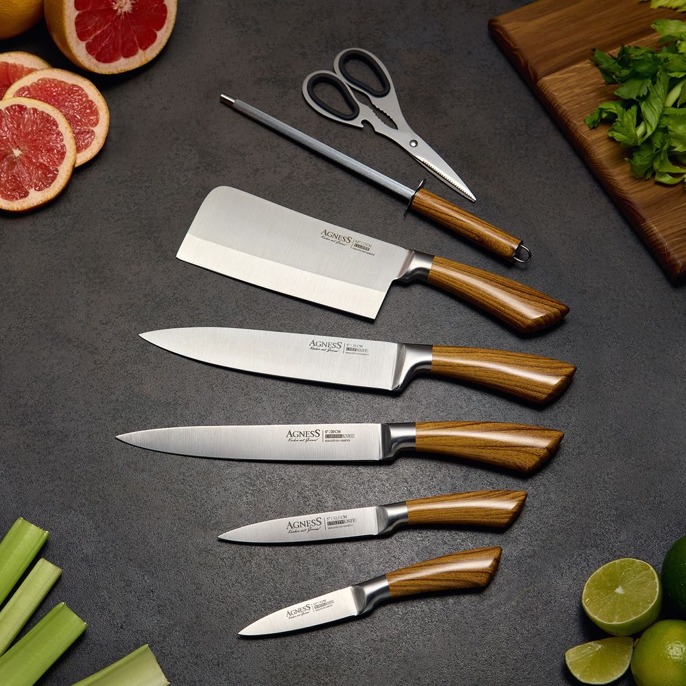 НАБОР НОЖЕЙ AGNESS С НОЖНИЦАМИ И МУСАТОМ НА ПЛАСТИКОВОЙ ПОДСТАВКЕ, 8 ПРЕДМЕТОВ (КОР=6НАБОР.)