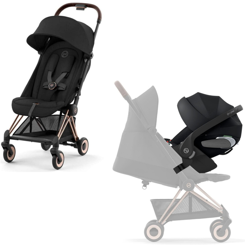 Коляска Cybex Coya Rosegold Frame Cloud T i-Size Sepia Black Plus Sepia Black с дождевиком и бампером