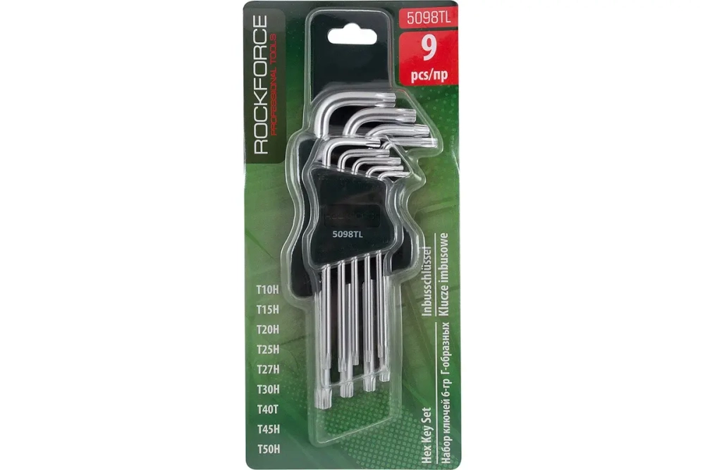 Набор ключей TORX RF-5098TL: длинных Т10Н-Т50Н- с отверстием 9пр. на пласт. держат. ROCKFORCE