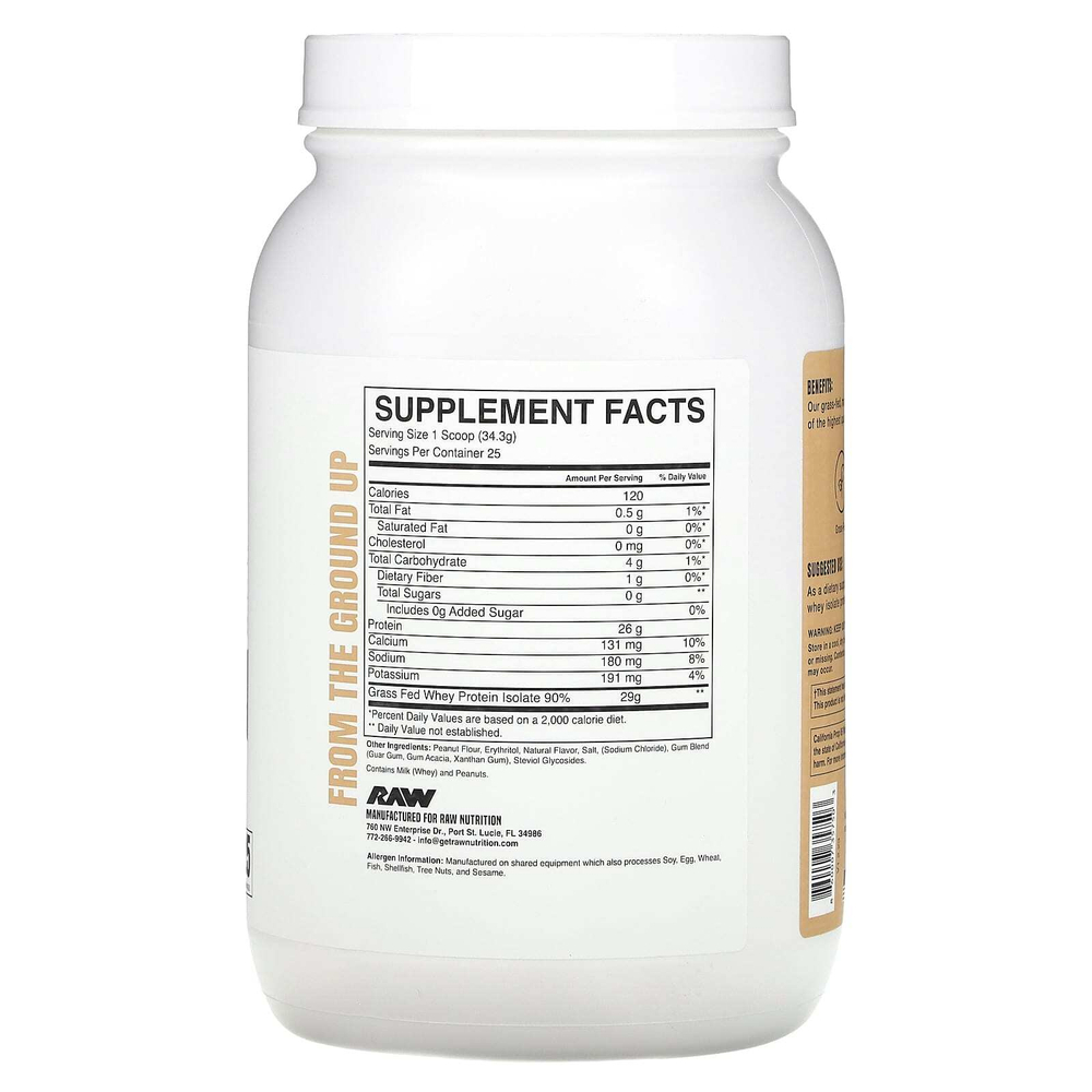 Raw Nutrition, сывороточный изолят сывороточного протеина от коров травяного откорма, с арахисовым маслом, 857,5 г (1,89 фунта)