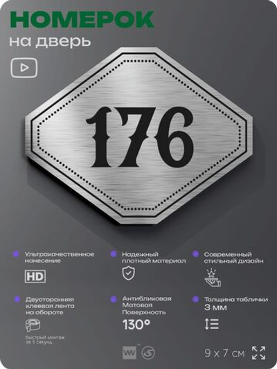 Номерок на дверь квартиры 176, для кабинета, офиса, шильдик 9 х 7 см, серебристый, Айдентика Технолоджи
