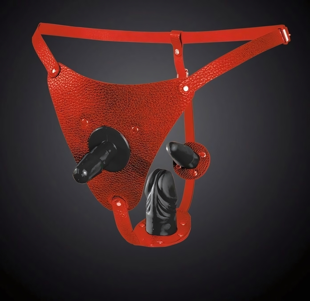 Красные кожаные трусики со штырьком и двумя съёмными стимуляторами (Цвет: красный)