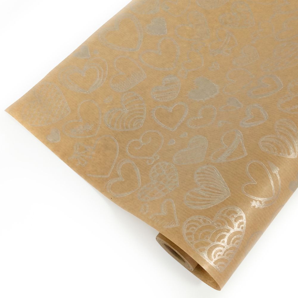 Упаковочная бумага, Крафт 40гр (0,7*10 м) Верже, Сердечки фигурные, Серебро, 1 шт.