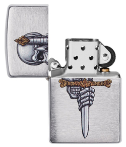 Зажигалка Zippo Sword Skull Desig с покрытием Brushed Chrome, латунь/сталь, серебристая, 38x13x57 мм