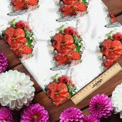 Ткань бязь красные букеты на белом фоне