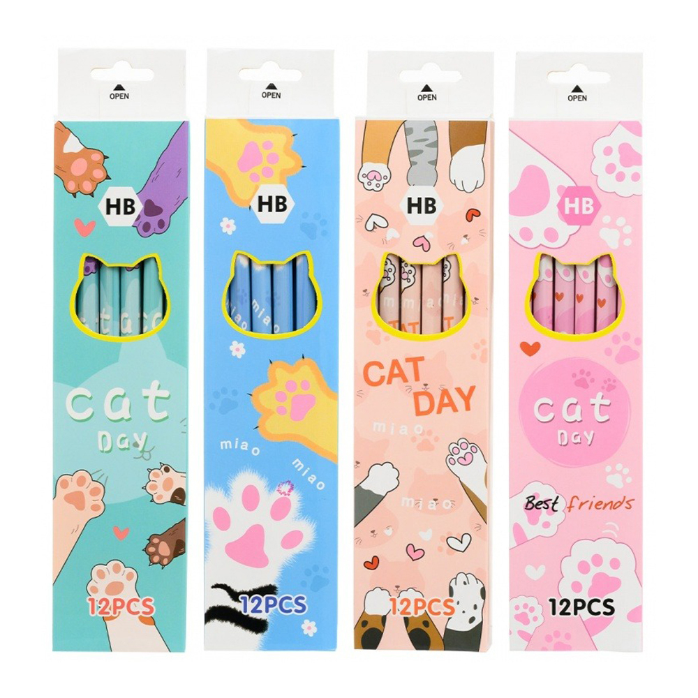 Карандаш простой, чернографитный, Basir, деревянный, с ластиком, цветной корпус с рисунком, серия "Лапки", 12 шт