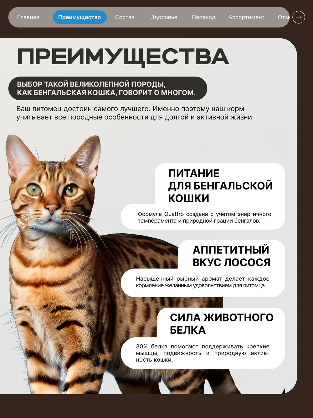 Корм сухой для взрослых кошек породы Бенгальская кошка, с лососем, 400 гр, QUATTRO