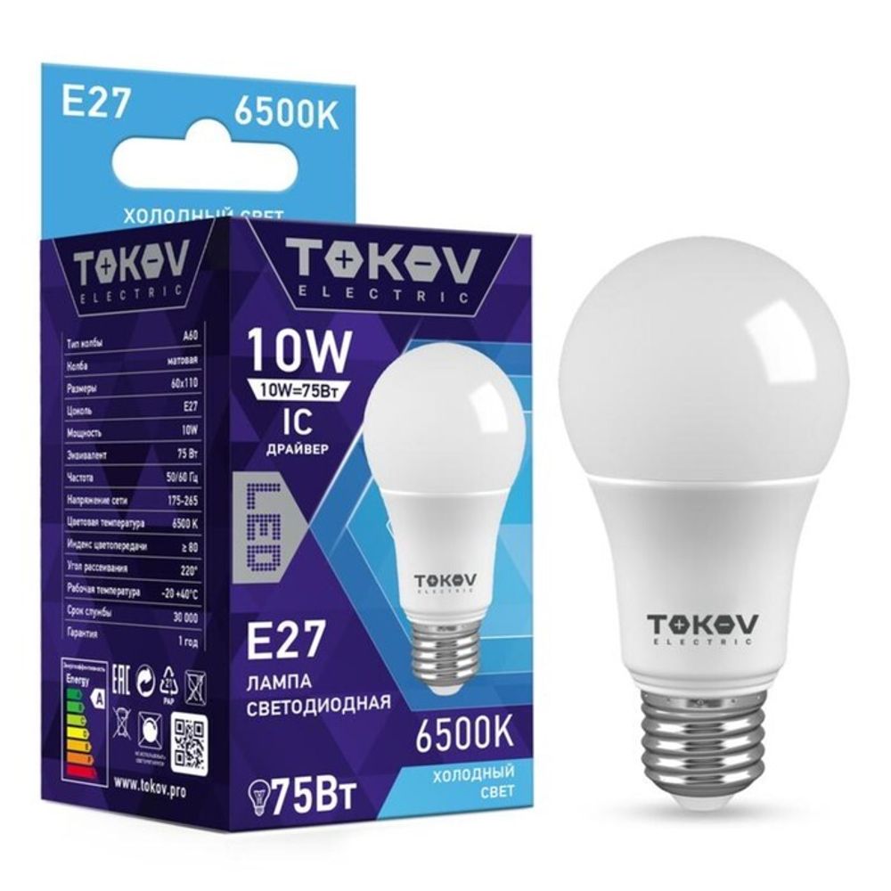 Лампа светодиодная TOKOV ELECTRIC, 10 Вт, А60, 6500 К, Е27, 176-264В