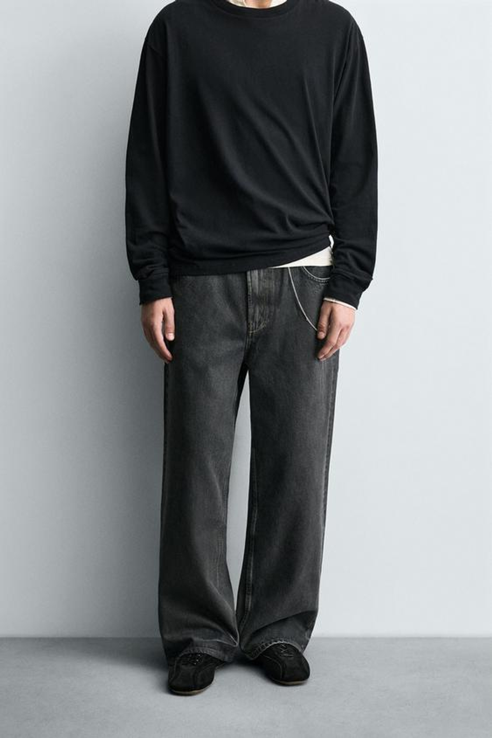 ZARA ДЖИНСЫ BAGGY FIT С ЭФФЕКТОМ ВОЩЕНИЯ, УГОЛЬНЫЙ