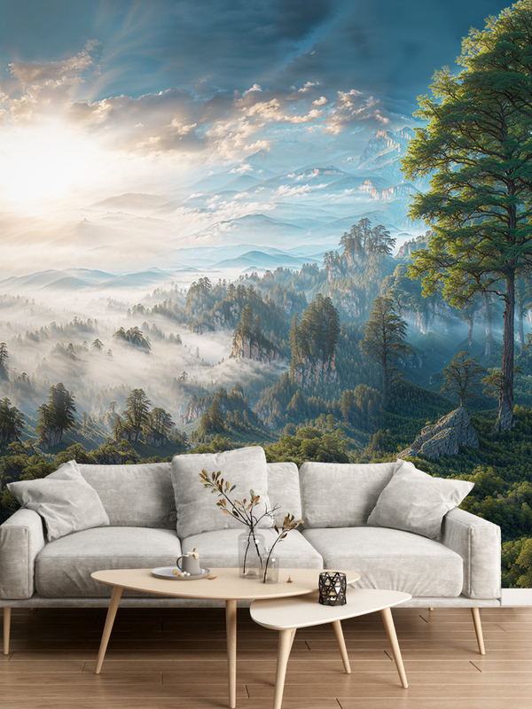 3D Фотообои пейзаж леса и горы в тумане