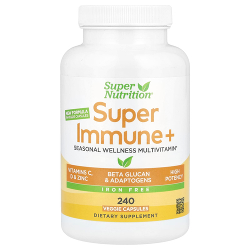 Super Nutrition, Super Immune+, мультивитамины с витаминами C, D и бета-глюканом, без железа, 240 растительных капсул