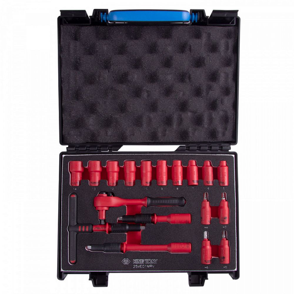 KING TONY (25VE01MRV) Набор торцевых диэлектрических головок с принадлежностями 1/4", шестигранные, 5-14 мм, 18 предметов