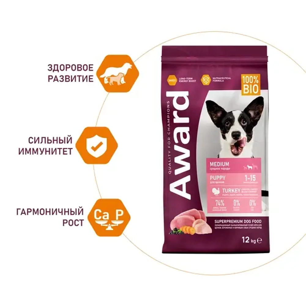 AWARD (Авард)  Сухой корм для щенков от 1 мес, беременных и кормящих сук средних пород с индейкой и курицей