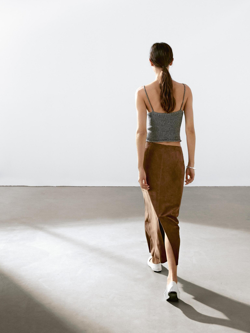 Massimo Dutti Юбка миди из замши, коричневый