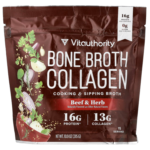 Vitauthority, Bone Broth Collagen, коллаген для приготовления блюд и питья, говядина и травы, 315 г (10,9 унции)