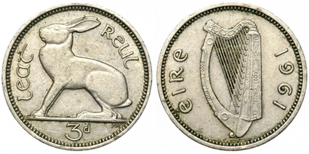 Ирландия 3 пенса, 1942 - 1968 Заяц XF