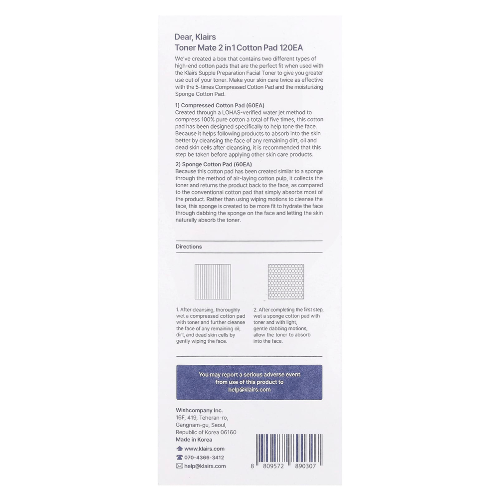 Dear, Klairs, Toner Mate 2 в 1 ватных дисках, 60 сжатых / 60 губчатых ватных дисков