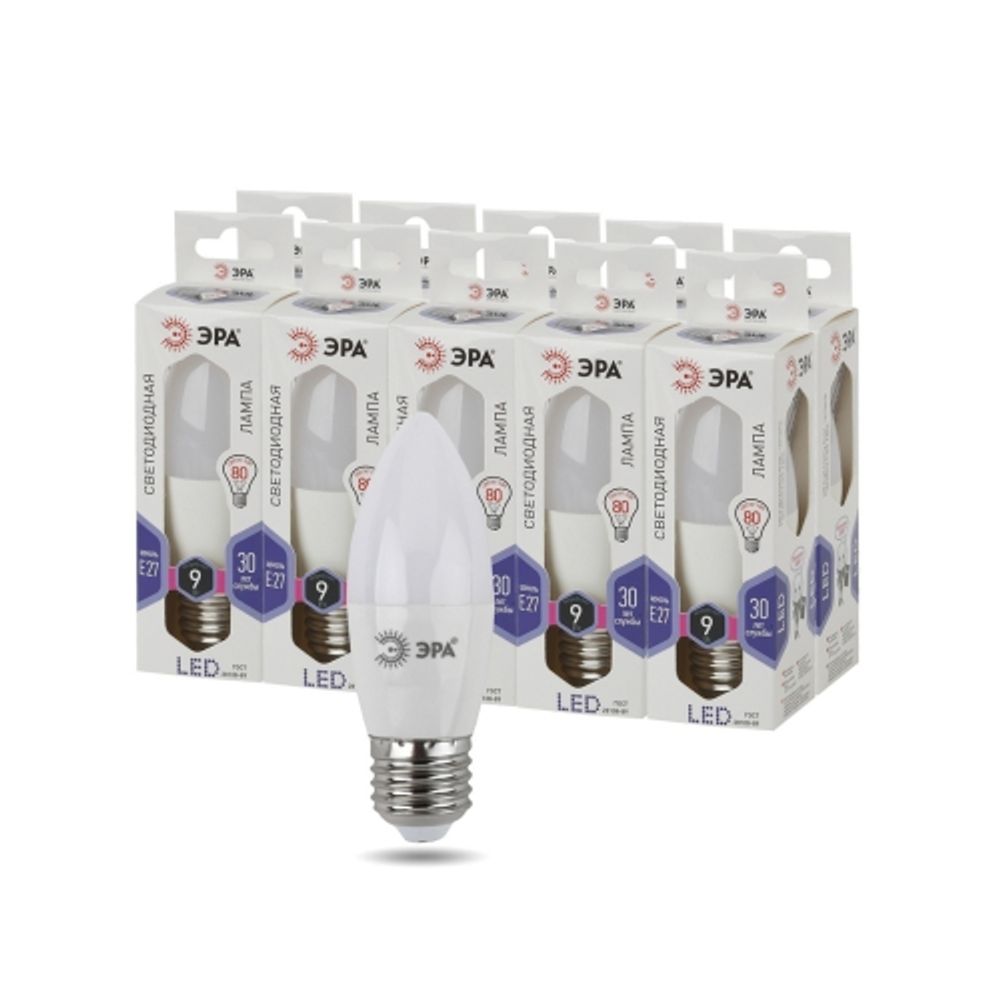 Лампа светодиодная ЭРА STD LED B35-9W-860-E27 9Вт свеча холодный дневной свeт Е27