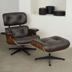 Кресло с оттоманкой Eames Lounge, темно-коричневая кожа, палисандр