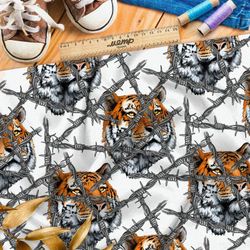 Ткань шифон крупный тигр за колючей проволокой
