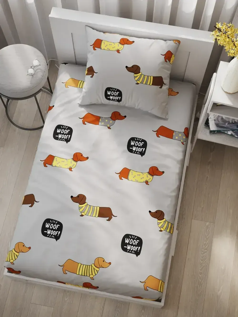 Постельное белье поплин Сказка "Таксик" 1,5-сп Наволочка 50х70 см 1 шт Простынь на резинке 90x200 смПододеяльник 145x215 см