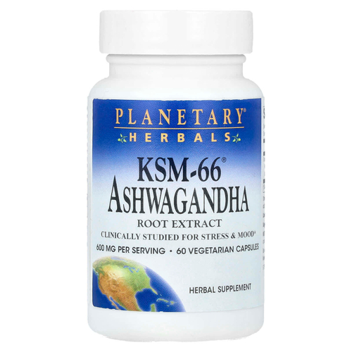 Planetary Herbals, KSM-66®, экстракт корня ашваганды, 60 вегетарианских капсул (300 мг в 1 капсуле)