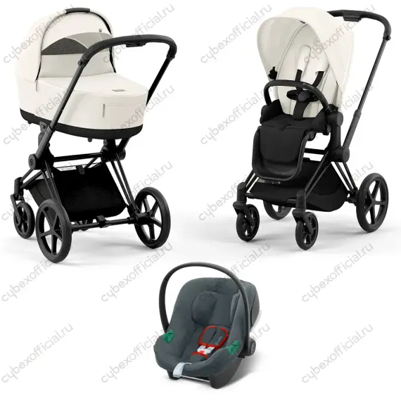 Детская коляска Cybex Priam IV 3 в 1 Off White шасси Matt Black автокресло Aton B i-Size