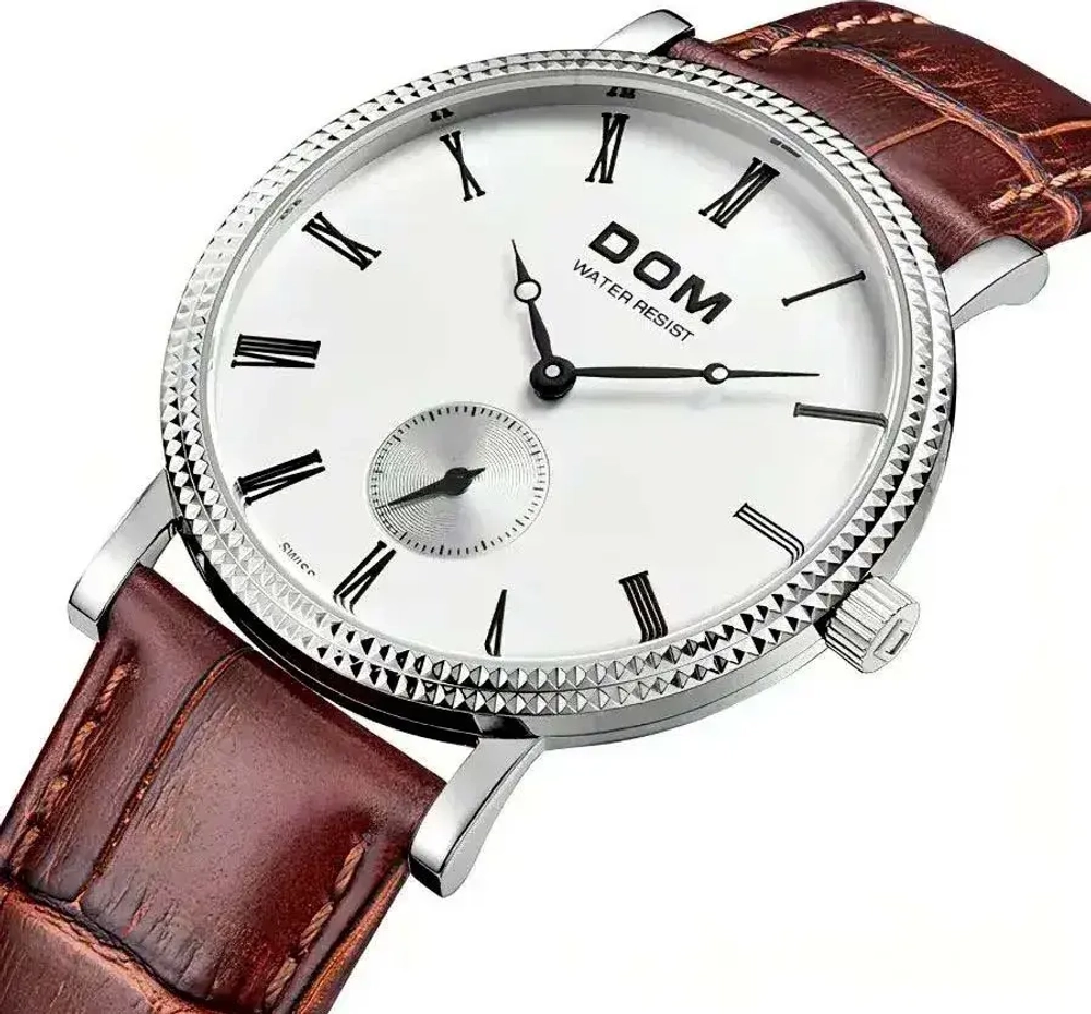 Часы наручные кварцевые DOM на кожаном ремешке, черный/коричневый W10290-02