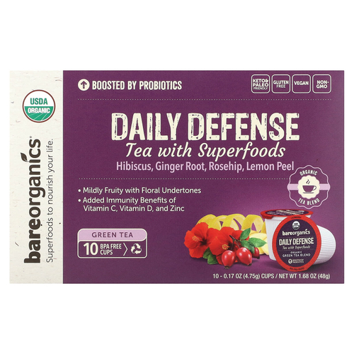 BareOrganics, Daily Defense, чай с суперфудами, зеленый чай, 10 чашек по 4,75 г (0,17 унции)