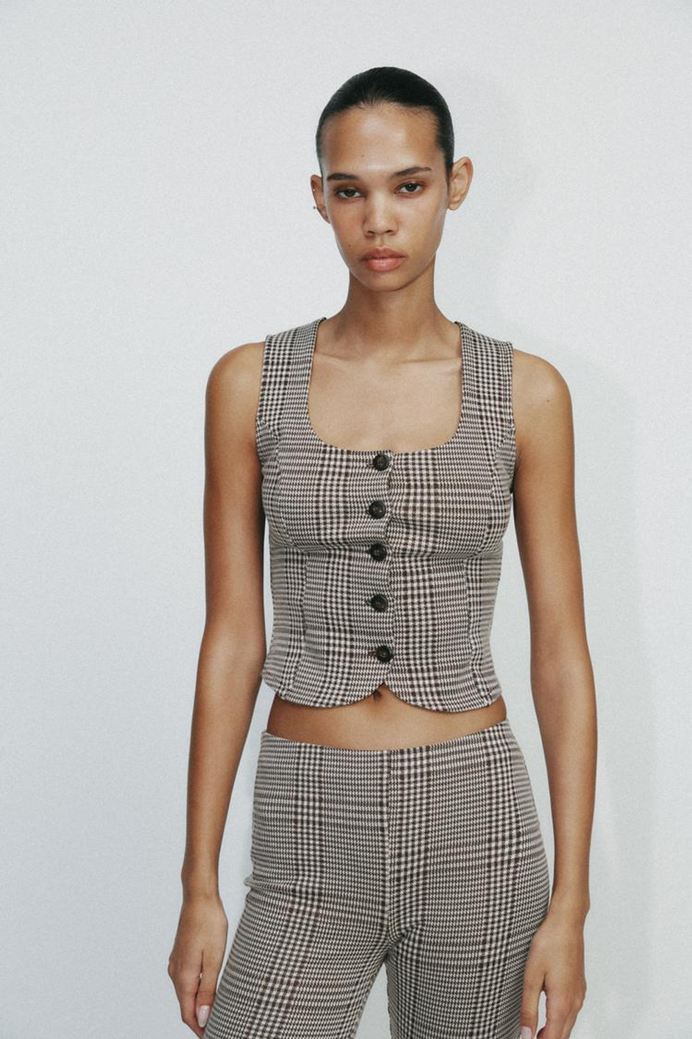 ZARA ТОП ИЗ ИНТЕРЛОКА БЕЗ РУКАВОВ, ЭКРЮ/КОРИЧНЕВЫЙ