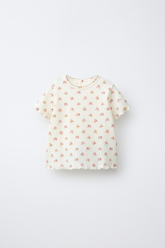 ZARA ФУТБОЛКА ВАФЕЛЬНЫЙ ЦВЕТОК, ЭКРЮ