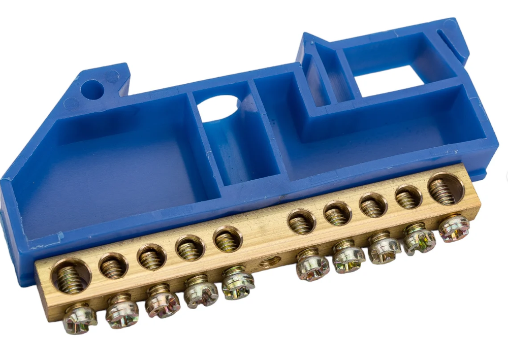 Шина "N" нулевая с изолятором на DIN-рейку 100А, 6х9 мм (10 отв.) большая стойка 164506