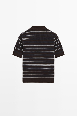 Massimo Dutti Футболка поло из смесовой хлопковой ткани в полоску с ажурным узором, синий