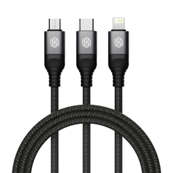 Кабель 3 в 1 в тканевой оплетке черного цвета от Nillkin с разъемами Type C, Lightning и Micro USB, серия Swift Pro, длина 1,5м