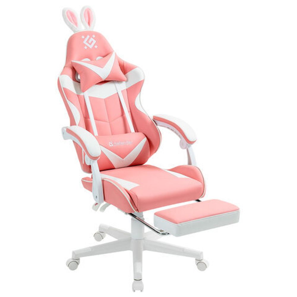 Кресло компьютерное DEFENDER "Irifi", 2 подушки, подставка для ног, экокожа, розовое/белое, 64042