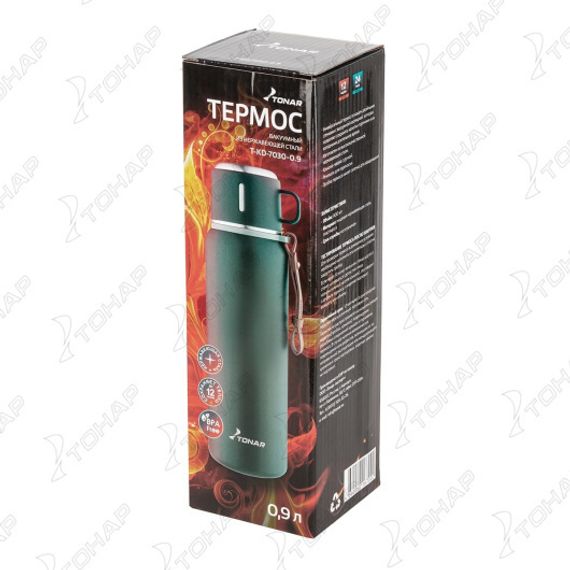 Термос (T-KD-7030-0.9) 900ML хаки (пробка-ситечко, крышка-кружка, ремешок) TONAR