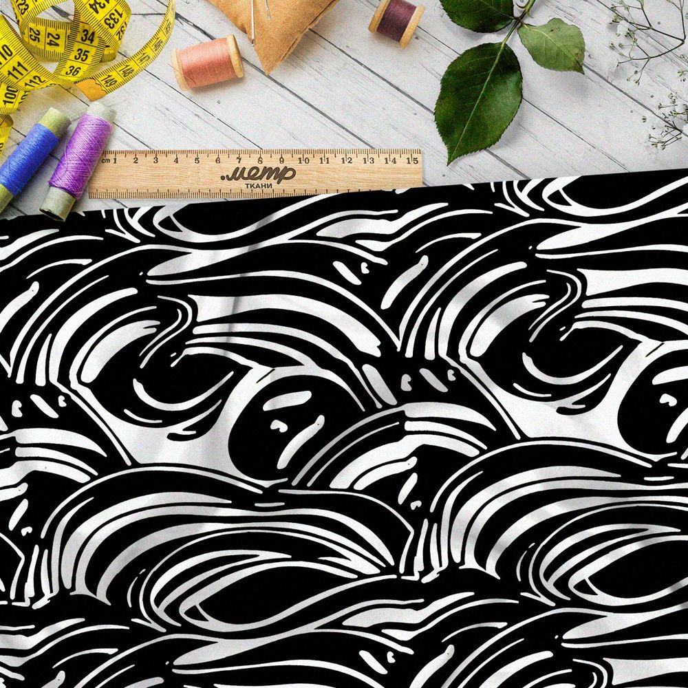 Ткань премиум сатин черно-белые контуры