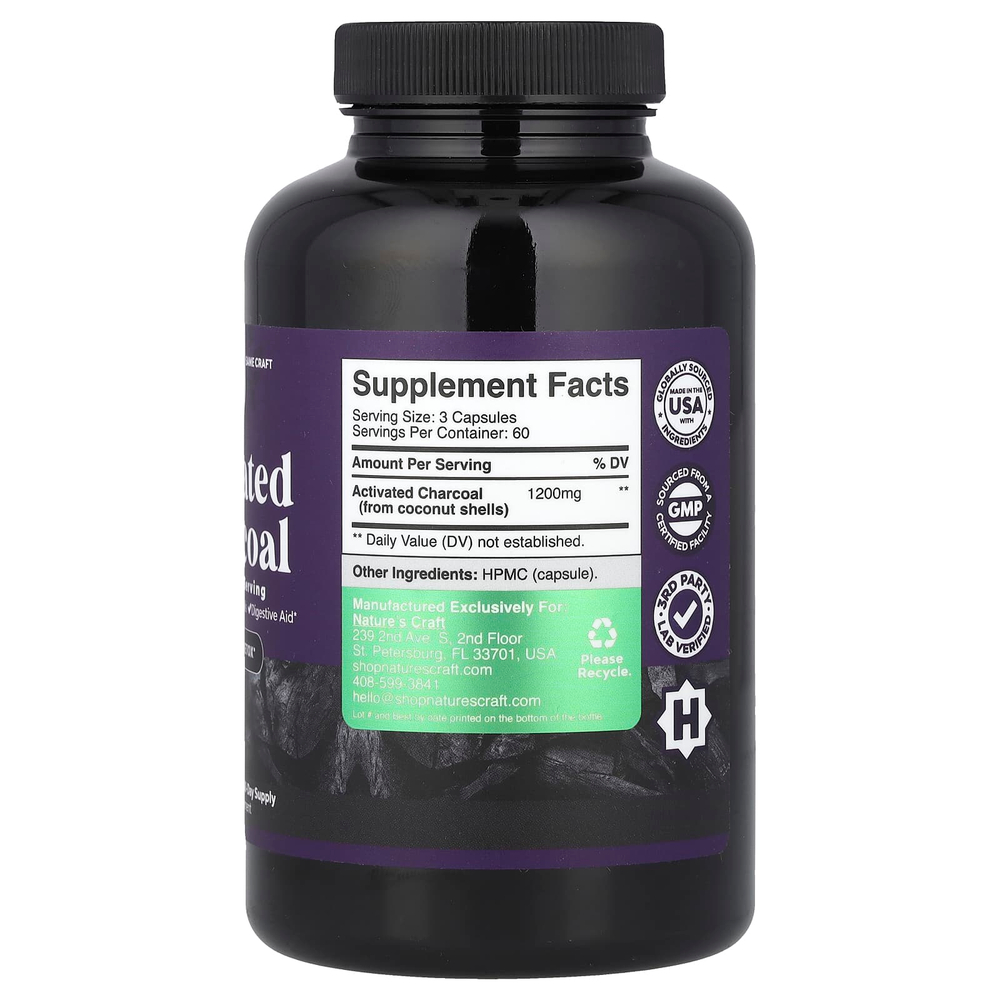 Nature's Craft, Активированный уголь, 180 растительных капсул (400 мг на капсулу)
