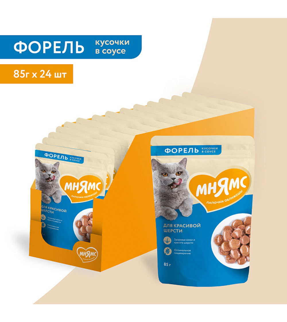Мнямс Кусочки в соусе Форель для красивой шерсти кошек 85гр./24шт.