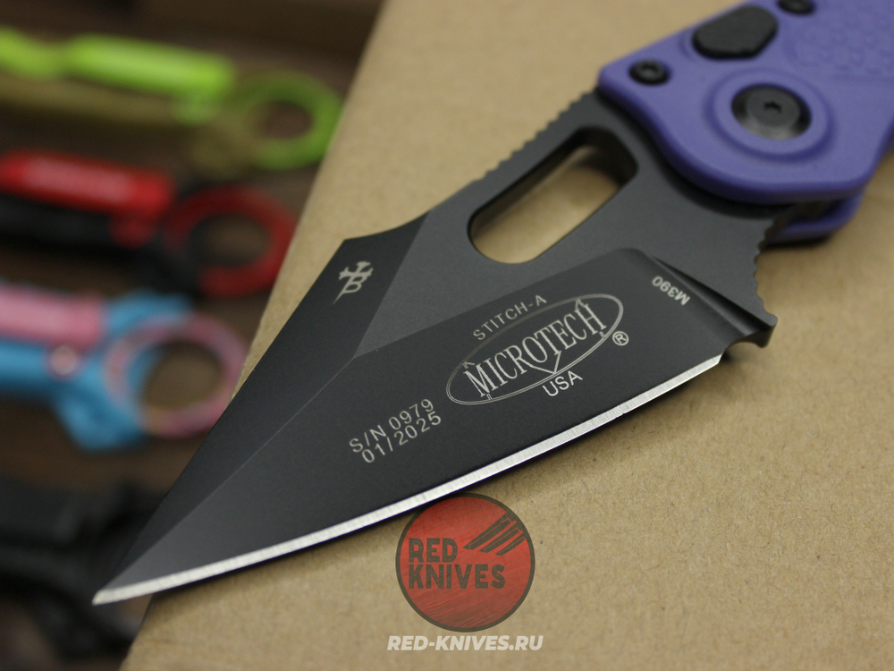 Нож Microtech Stitch Acid Purple + пружина - черный клинок, рукоять фиолетоый нейлон
