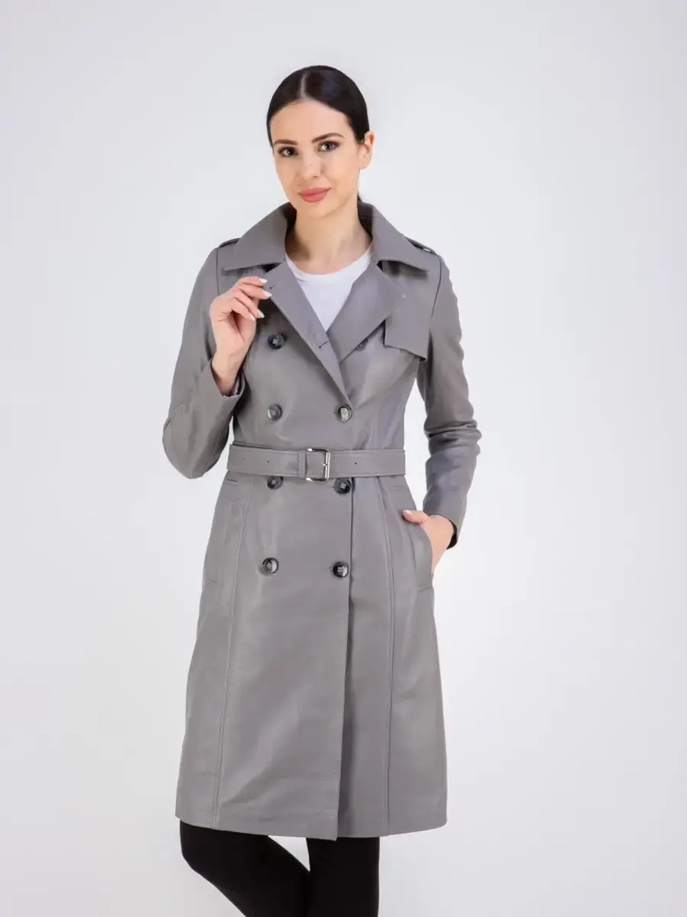 Тренч длинный кожаный с поясом плащ на весну