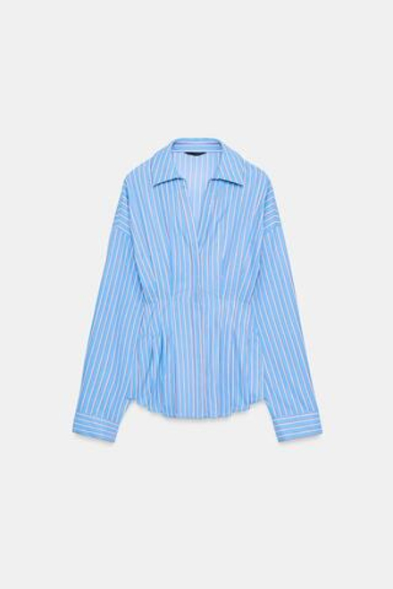 ZARA РУБАШКА ИЗ ПОПЛИНА СО СКЛАДКАМИ, КРАСНАЯ ПОЛОСКА