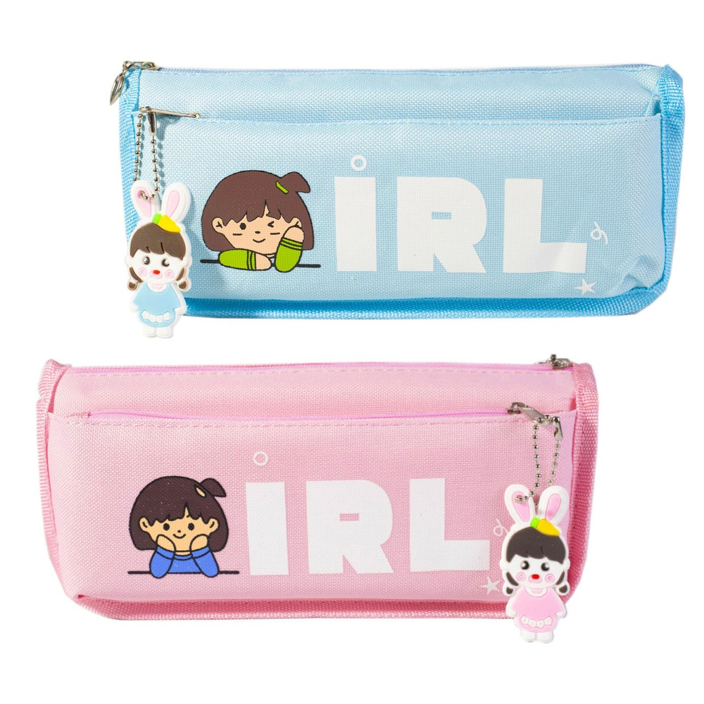 Пенал - косметичка Alingar, ткань, молния, боковой карман, брелок, 95 х 200 х 60 мм, "Girl", ассорти (розовый и голубой), рисунок девочка