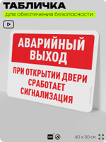 Табличка для обеспечения безопасности "Аварийный выход при открытии двери сработает сигнализация", для офиса, по охране труда для предприятия, организаций, 40х30 см, Айдентика Технолоджи